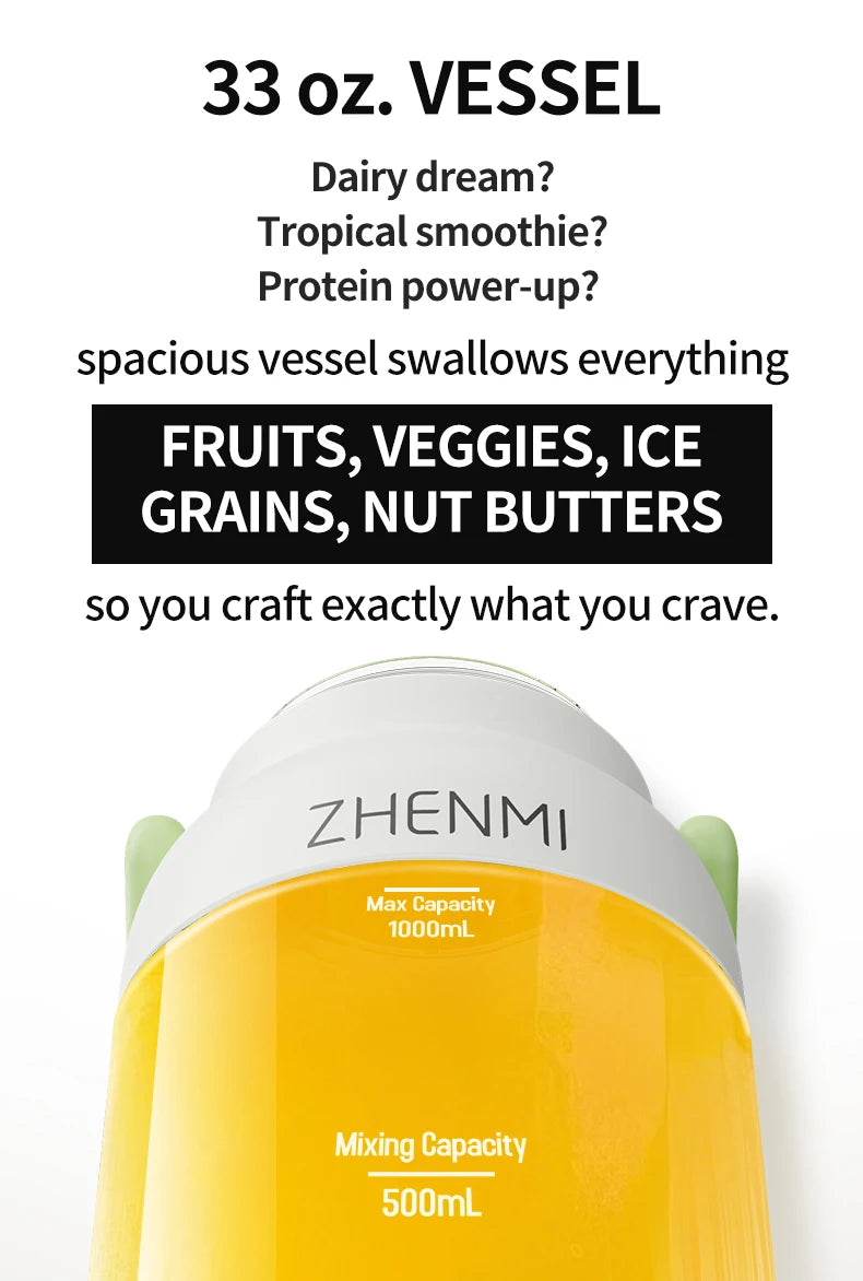 Holidays and Birthdays Blender for Shakes & Smoothies! ZHENMI BPA-Free Cordless Blender, 33oz, Ice Crushing, USB Rechargeable,