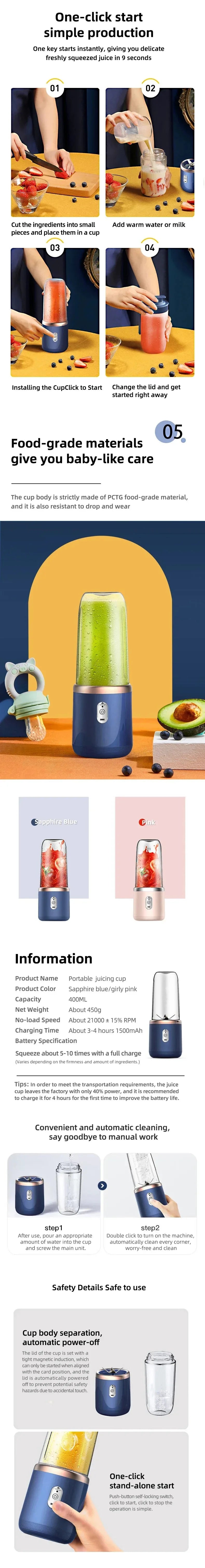 Portable USB Blender Electric Travel Juicer Cup For Smoothie