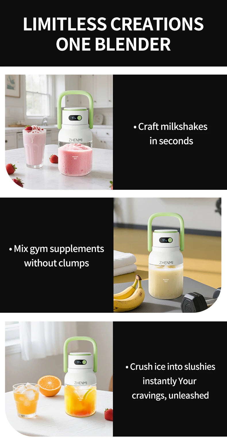Holidays and Birthdays Blender for Shakes & Smoothies! ZHENMI BPA-Free Cordless Blender, 33oz, Ice Crushing, USB Rechargeable,